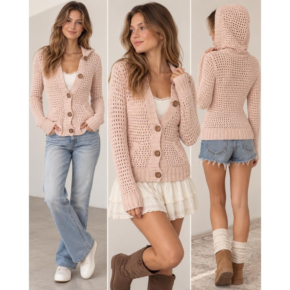 Abercrombie Vintage Cardigan Womens L Pink Crochet Hooded Button Y2K Sweater